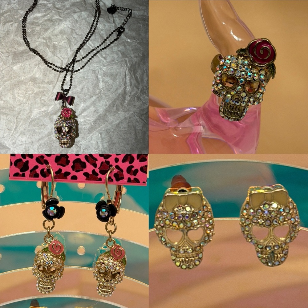 RARE Betsey Johnson 4pc Sugar Skull Set: Necklace, Ring & 2 Pr Earrings